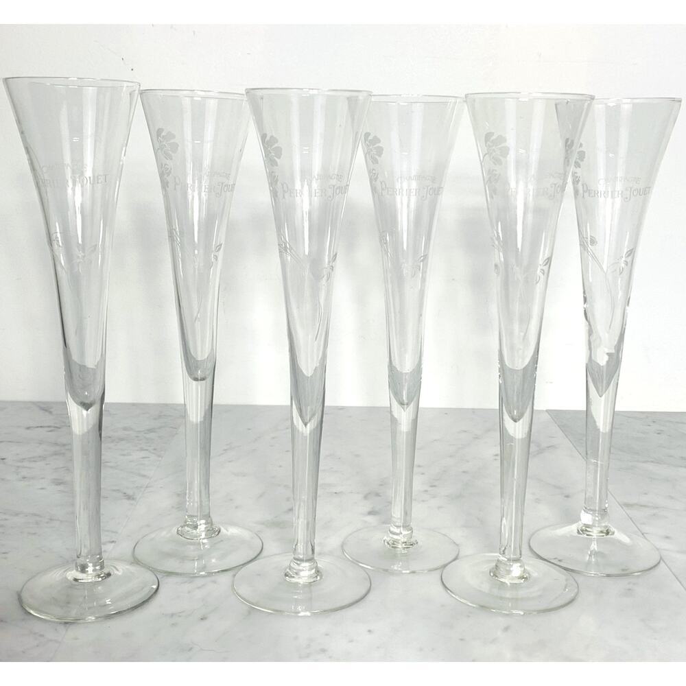 PERRIER JOUET (6) Champagne Flutes 9-3/4" White Floral Trumpet Etched VTG NIB